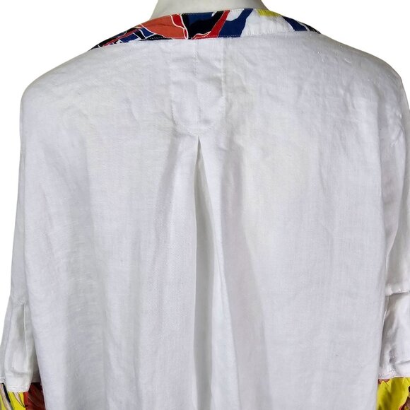 John Mark White Popover Linen Tunic 1X V-neck Blouson Sleeve Tropical Floral - Picture 10 of 12